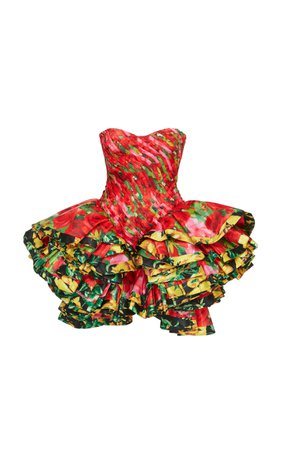 Richard Quinn, Strapless Rose-printed Ruffle Satin Dress