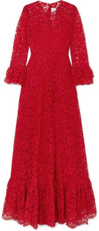 Ruffled Guipure Lace Gown - Red