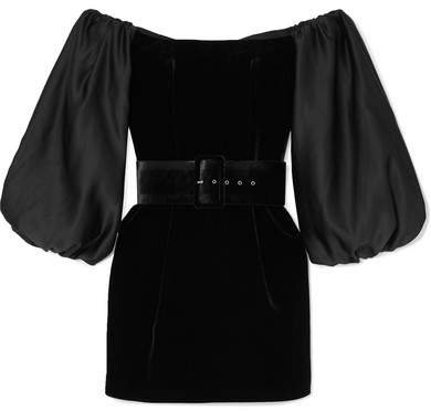 Belted Satin-trimmed Velvet Mini Dress - Black