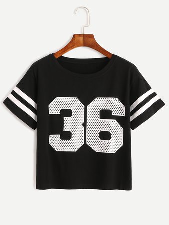 Number Print Striped Sleeve T-shirt