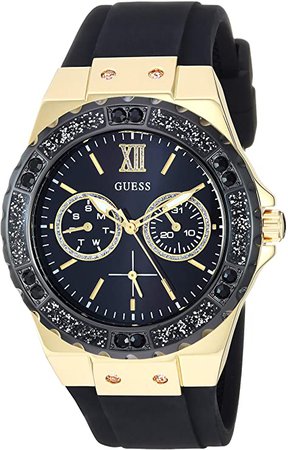 GUESS Gold-Tone Stainless Steel + Black Stain Resistant Watch with Day + Date Functions. Color: Black (Model: U1053L7): Watches