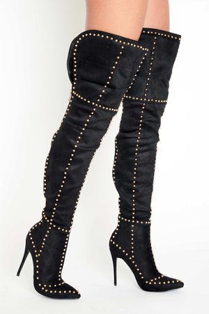 Jada Studded Thigh High Boots in Black Vegan Faux Suede | Women's Heels, Boots & Shoes