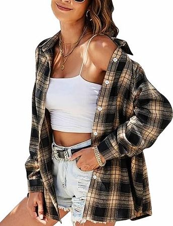 Wanzetaly Casual Flannel Plaid Shirts for Women Oversized Long Sleeve Button Down Shirt Blouse Tops(0080-Khaki-XL) at Amazon Women’s Clothing store