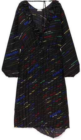 Ruffled Printed Silk Crepe De Chine Midi Dress - Black