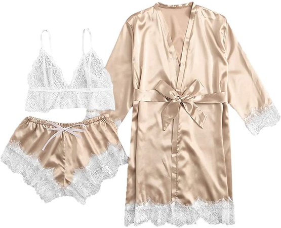 SOLY HUX Women's Sleepwear Floral Lace Trim Satin Cami Pajama Set with Robe Gold Small at Amazon Women’s Clothing store