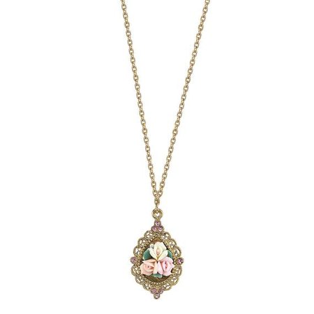 1928 Jewelry Gold Tone Pink Crystal and Ivory and Pink Porcelain Rose Necklace