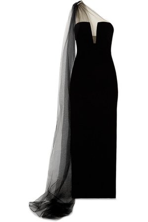 Monique Lhuillier | One-shoulder crystal-embellished tulle and velvet gown | NET-A-PORTER.COM