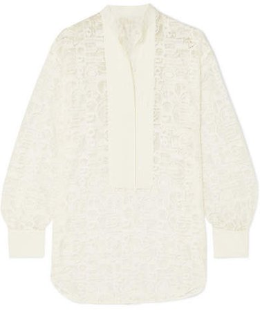 Pintucked Linen-trimmed Lace Blouse - White