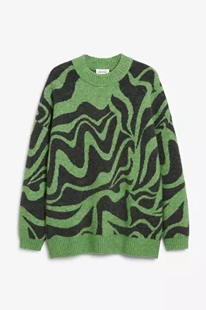 Green swirly heavy knit sweater - Green swirls - Monki WW
