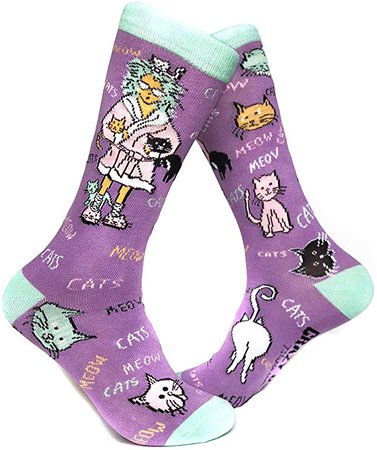 Cat Lady Sock Funny Cute Pet Kitty Lover Footwear (Purple) - Womens (5-10): Clothing