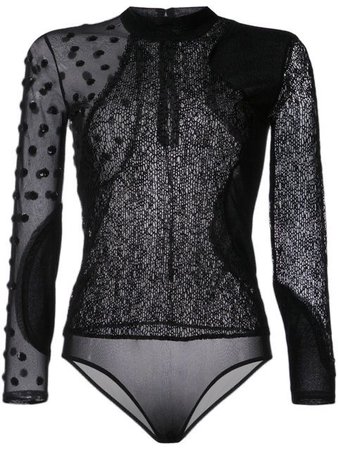 OPENING CEREMONY Floral-sequin Mixed-media Long-sleeve Bodysuit In Black