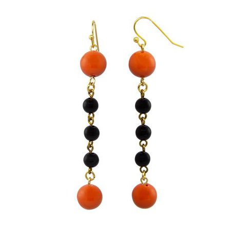 Gold Tone Black and Orange Beaded Linear Drop Wire Earrings