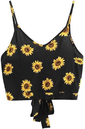 Koolee Women Sunflower Print Tank Top Self Tie Back Crop Cami Top Stripe V Neck Camisole Blouse at Amazon Women’s Clothing store