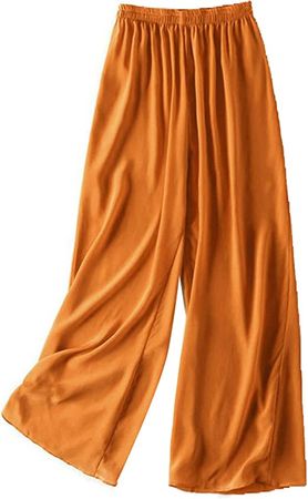 Wide Leg Pants for Women Real Silk Solid Elastic Waisted Ankle-Length Casual Spring Summer Trousers Gold at Amazon Women’s Clothing store