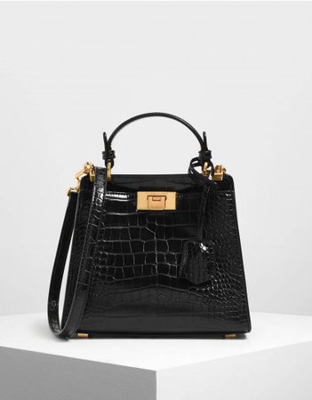 Black Textured Croc Effect Angular Handbag | CHARLES & KEITH US
