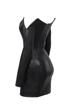 Clothing : Bodycon Dresses : 'Livia' Black Vegan Leather Shaped Shoulder Dress