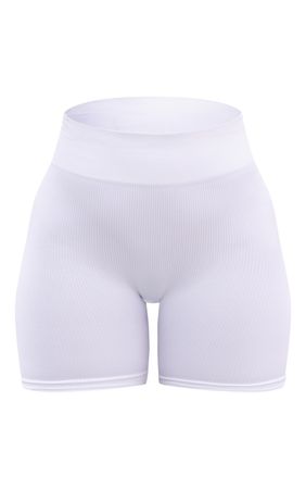 White Seamless Rib Basic Branding Gym Shorts | PrettyLittleThing CA