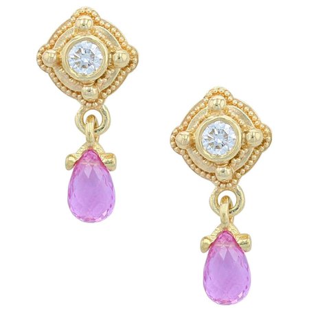 Kent Raible 18 Karat Gold, Diamond, Pink Sapphire Drop Earrings, Granulation For Sale at 1stDibs