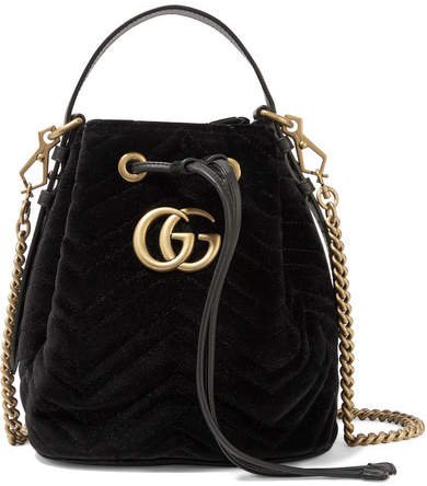 Gg Marmont Leather-trimmed Quilted Velvet Bucket Bag - Black