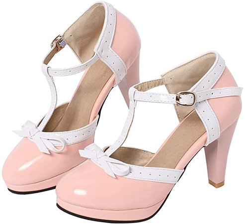 Amazon.com | Caradise Womens High Heel T Strap Mary Jane Patent Pumps with Bow Rockabilly Dress Shoes Size 8 B(M) US, Pink | Pumps