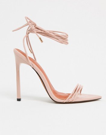 ASOS DESIGN Nadine tie leg high heeled sandals on pointed insole in beige | ASOS