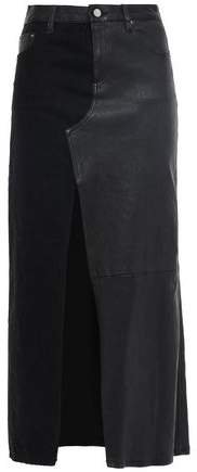 Paneled Leather And Denim Midi Skirt