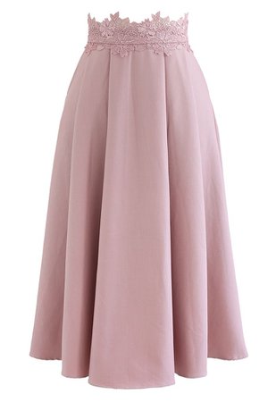 Lacy Waist Pleated Flare Midi Skirt in Pink - Retro, Indie and Unique Fashion