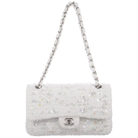 Chanel Snow White Tweed Bead Iridescent Silver Evening Shoulder Flap Bag For Sale at 1stdibs