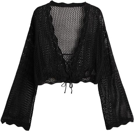 Floerns Women's Plus Size Tie Front Long Sleeve Crochet Cardigan Crop Top at Amazon Women’s Clothing store