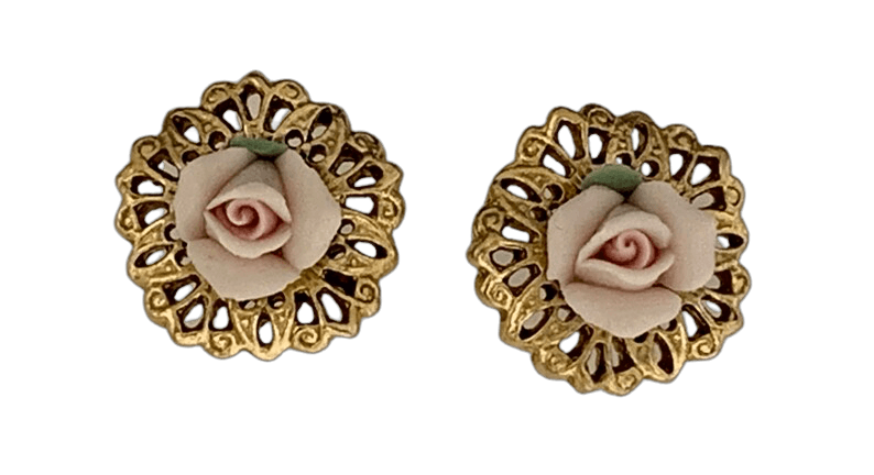 Vintage 1990s Pierced Earrings, Gold Filigree Backing with Delicate Pale Pink Ceramic Rose Centre and Pale Green Leaf. Good Condition.