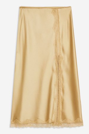 PETITE Gold Lace Trim Bias Satin Skirt | Topshop