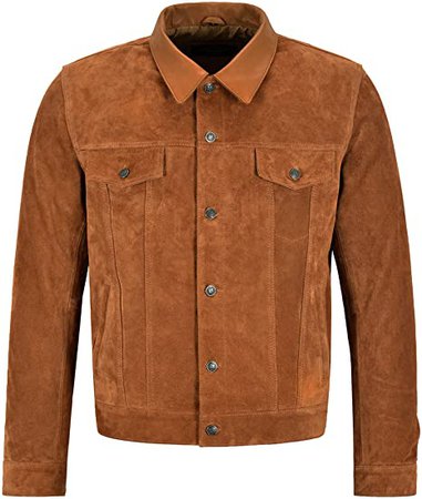Men's Trucker Leather Jacket Tan Suede Classic Western Shirt Style Jacket 1275 at Amazon Men’s Clothing store