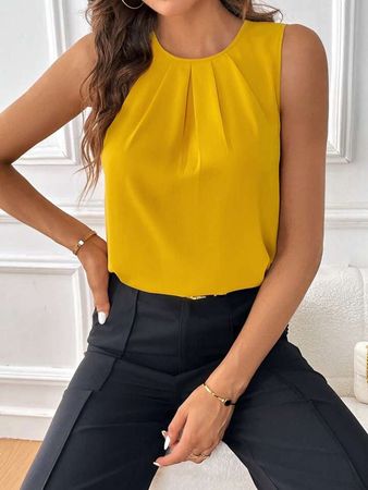 SHEIN Clasi Solid Fold Pleated Detail Sleeveless Blouse | SHEIN