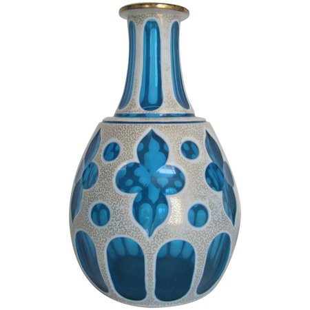 Blue and White Bohemian Art Glass Vase For Sale at 1stDibs