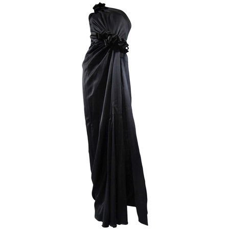 Yves Saint Laurent Couture black silk satin long wrap dress, Circa 1989 at 1stDibs
