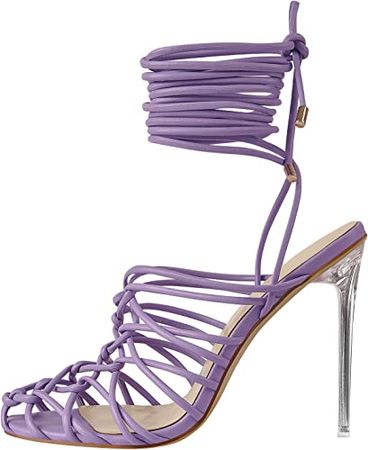 LISHAN Women's Lace Up Stiletto Purple Gladiator Sandals,Cut Out Strappy Clear Mid Heels | Heeled Sandals