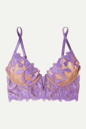 FLEUR DU MAL Lily embroidered satin and stretch-tulle underwired bra