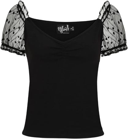 Hell Bunny Amandine Blouse Retro 50's Style Polka Dot Mesh Short Sleeve Top - Black (L) at Amazon Women’s Clothing store