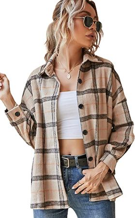 chouyatou Women's Western Stylish Long Sleeve Button Down Oversize Plaid Flannel Shacket Shirt Jacket (Khaki, X-Large) at Amazon Women’s Clothing store