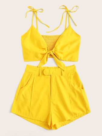 Tie Front Shirred Cami Top With Shorts