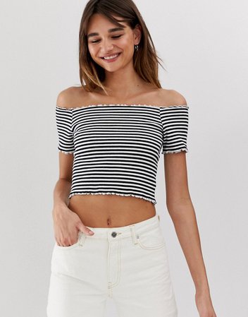 Monki off shoulder cropped t-shirt in black and white stripe | ASOS