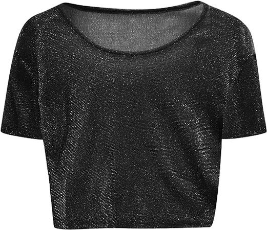 Women's Crop Tops Sexy Shiny Sheer Mesh UV Sun Protection Short Sleeve T-Shirt Slim See Through Pullover Short Tee at Amazon Women’s Clothing store