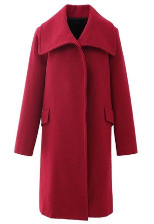 Point-Collar Button Up Wool-Blend Coat in Red - Retro, Indie and Unique Fashion