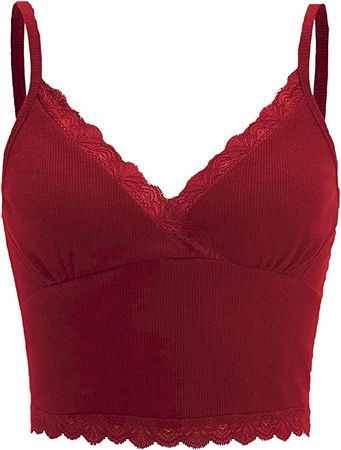 MakeMeChic Women's Y2K Lace Trim V Neck Sleeveless Cami Crop Top Camisole Red XL at Amazon Women’s Clothing store