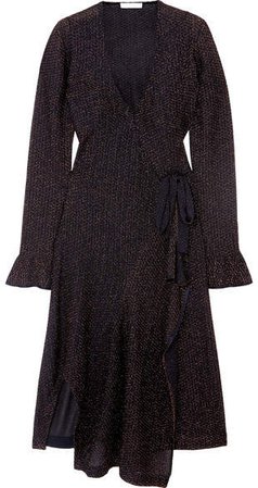 Embroidered Knitted Wrap Dress - Navy