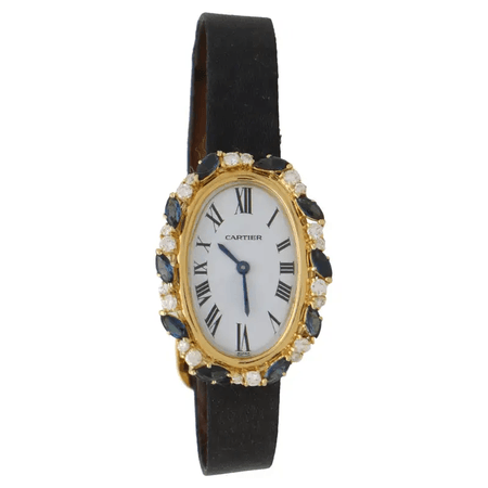 1990s Vintage Cartier Sapphire and Diamond Baignoire Dress Watch