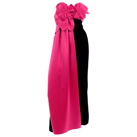 Victor Costa Vintage Black Velvet Strapless Evening Dress W Hot Pink Satin Trim For Sale at 1stdibs