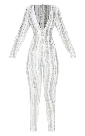 Silver Sequin Stripe Mesh Jumpsuit | PrettyLittleThing