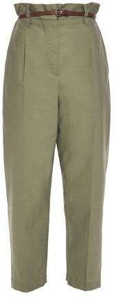 Belted Crinkled Cotton-blend Tapered Pants