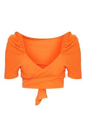 Orange Puff Short Sleeve Tie Crop Blouse | PrettyLittleThing